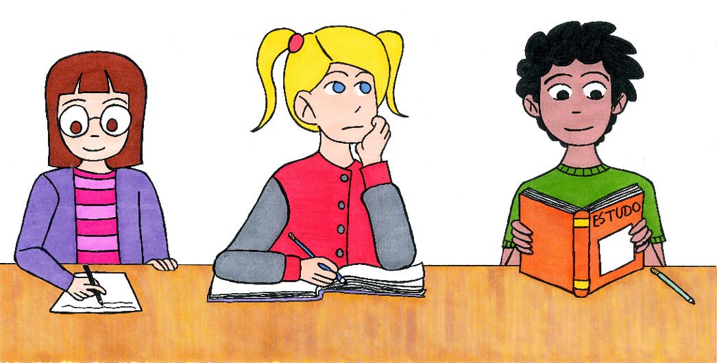 Ilustração do livro “Diretrizes para o atendimento educacional especializado (AEE) na rede regular de ensino de Santa Catarina” Ilustração colorida de 3 crianças sentadas em mesa, uma delas olha para cima distraída.